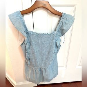 Smocked Ruffle Light-Wash Jean Top